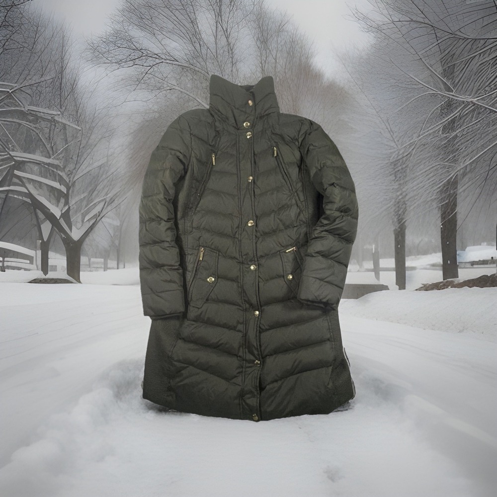 Michael Kors Puffer Coat Women's M Solid Green Buttons Zips Jacket